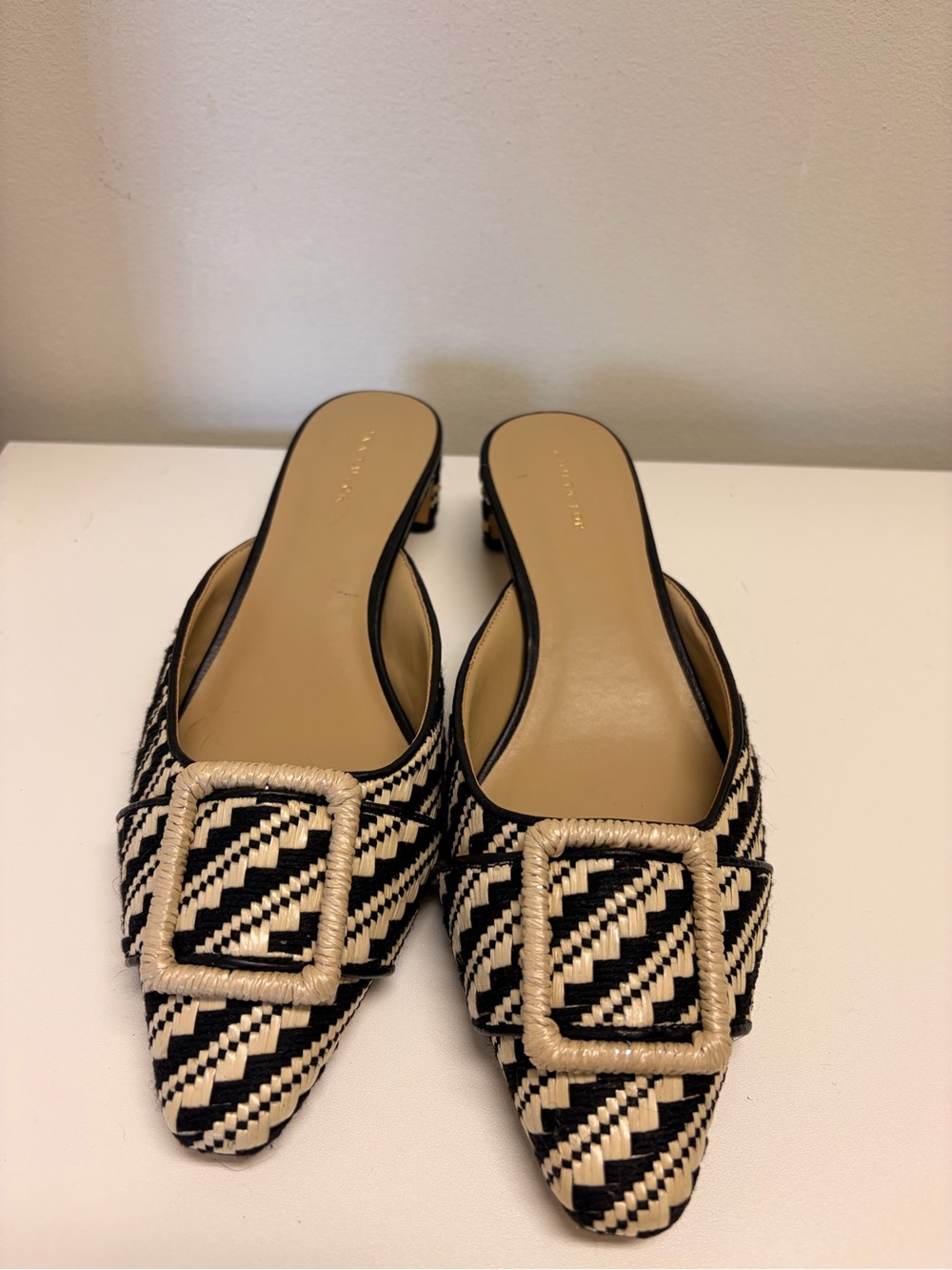 Ann Taylor Black and Cream Woven Pointed Mules with Buckle